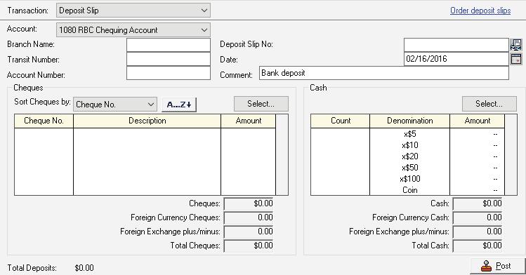 11 In the Tasks pane, click Make Deposit to open the Reconciliation & Deposits window. 12 In the Transaction field make sure Deposit Slip is selected. The other option is Account Reconciliation.