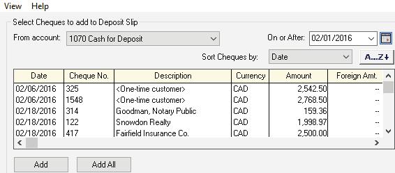 Lesson 2 Sage 50 Premium Accounting 2016 Level 2 15 In the Cheques area click the Select button. 16 In the From account field make sure 1070 Cash for Deposit is selected.