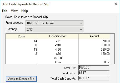 Banking and Credit Cards Lesson 2 20 Click OK to return to the Reconciliation & Deposits window. 21 In the Cash area click the Select button.