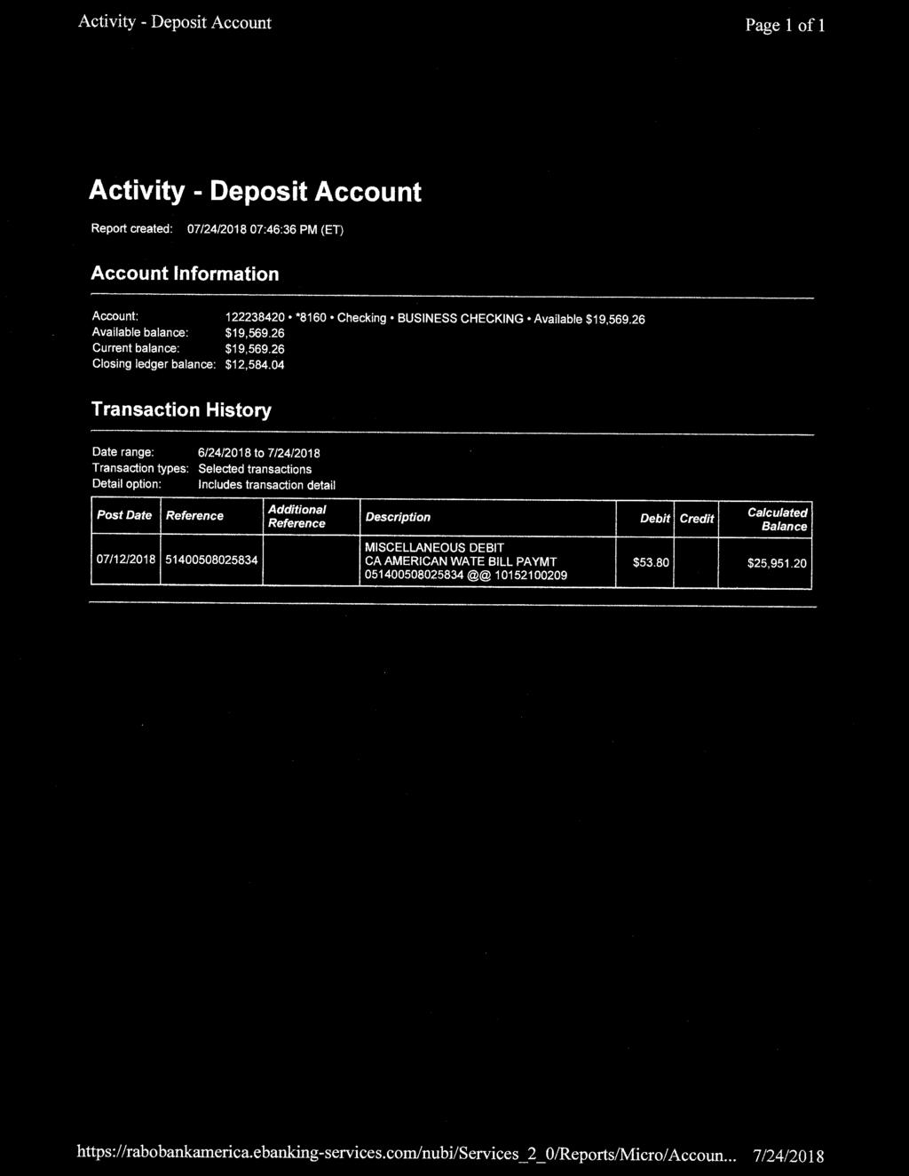 Activity - Deposit Account Page 1of1 80 Rabobank COMMERCIAL BANKING Activity - Deposit Account Report created: 07/24/2018 07:46:36 PM (ET) Account Information Account: 122238420 *8160 ing BUSINESS