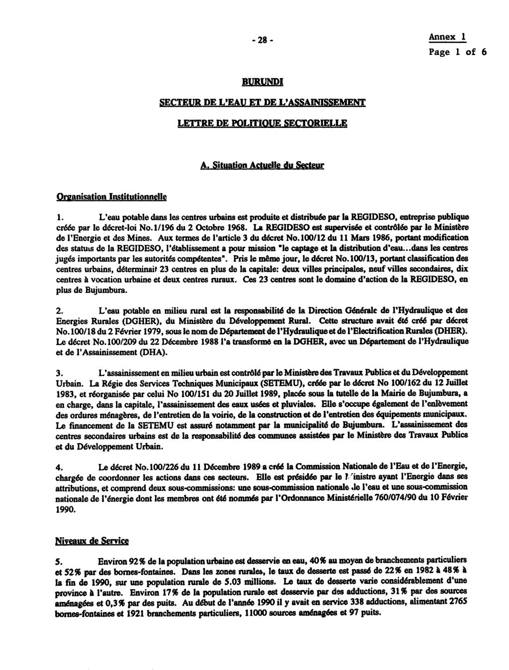 -28- Annex 1 Page 1 of 6 BURUNDI SECTEUR DE L'EAU ET DE L'ASSAINISSEMENT LETTRE DE POLITIOUE SECTORELLE A. SituatiOn Actuelle du Secteur Organisation Institutionnelle 1.