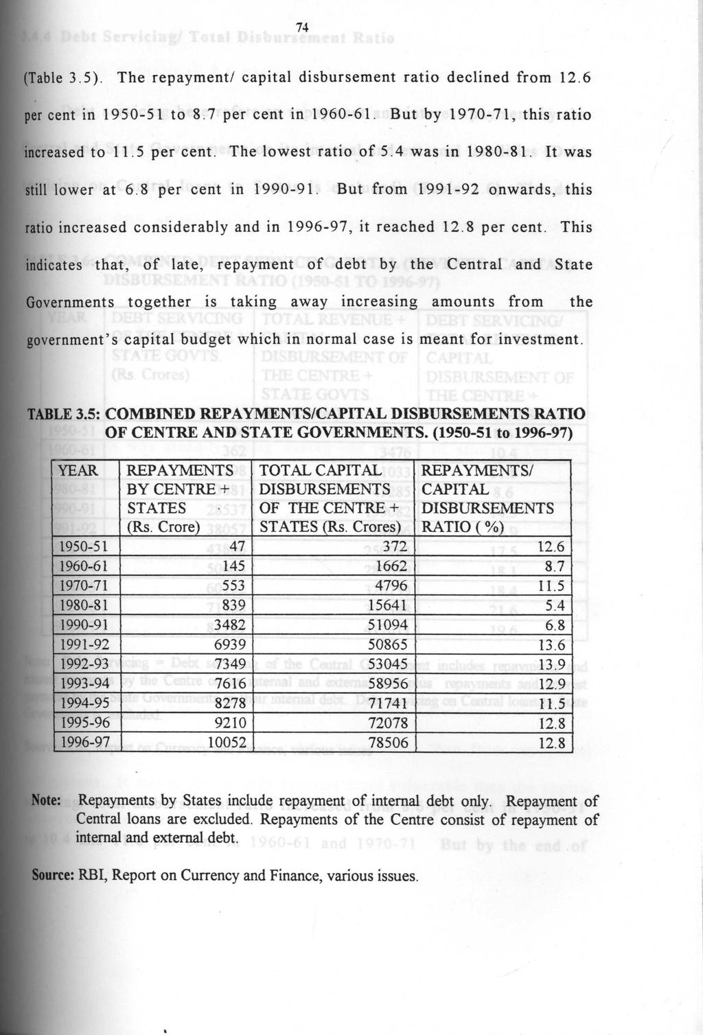 74 (Table 3.5). The repayment/ capital disbursement ratio declined from 12.6 per cent in 1950-51 to 8.7 per cent in 1960-61. But by 1970-71, this ratio increased to 11.5 per cent.