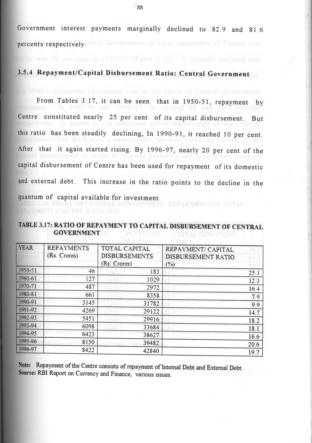 88 Government interest payments marginally declined to 82.9 and 81.6 percents respectively, 3.5.4 Repayment/Capital Disbursement Ratio : Central Government From Tables 3.