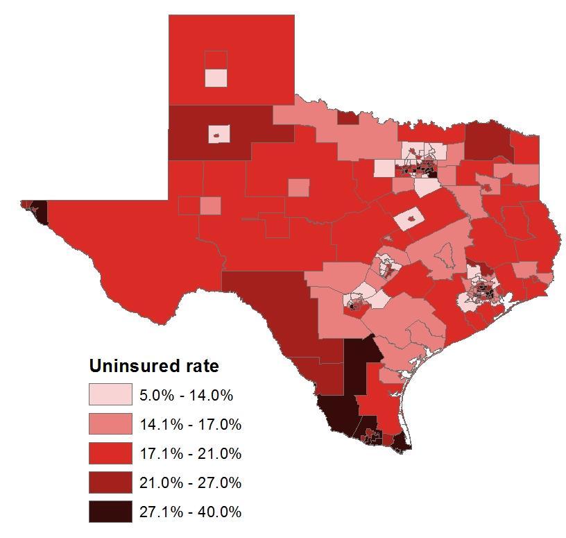 FIGURE 1 Local Area Uninsurance Rates of Nonelderly Texans, 2018 Source: Urban Institute, HIPSM
