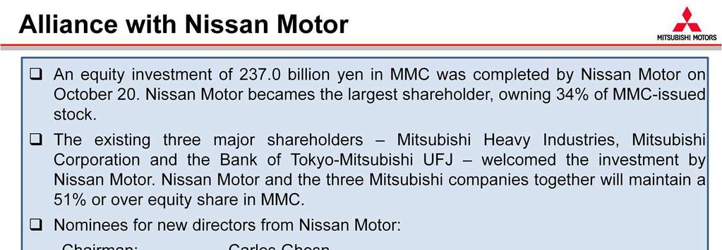 On October 20, we made an official announcement on concluding an alliance agreement with Nissan Motor. Nissan Motor completed an equity investment of 237.