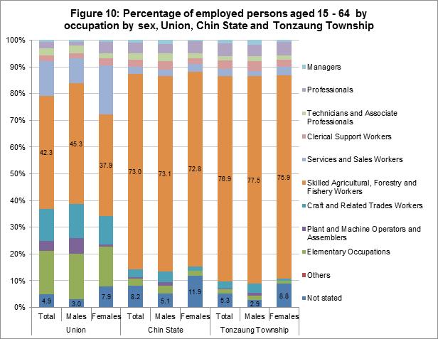 In Tonzaung Township, 76.9 per cent of the employed persons aged 15-64 are skilled agricultural, forestry and fishery workers. Analysis by sex shows that 77.