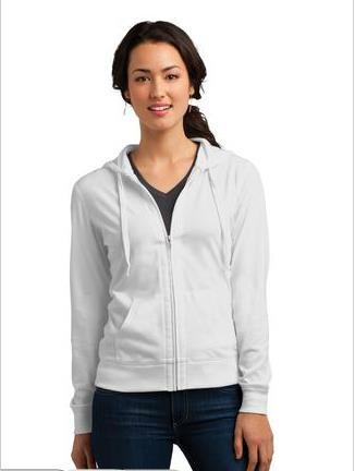LADIES LIGHTWEIGHT FULL-ZIP HOODIE District 60/40 cotton/polyester Juniors Sizes XS-4XL Logo A Pictured in White Item #19.$18.