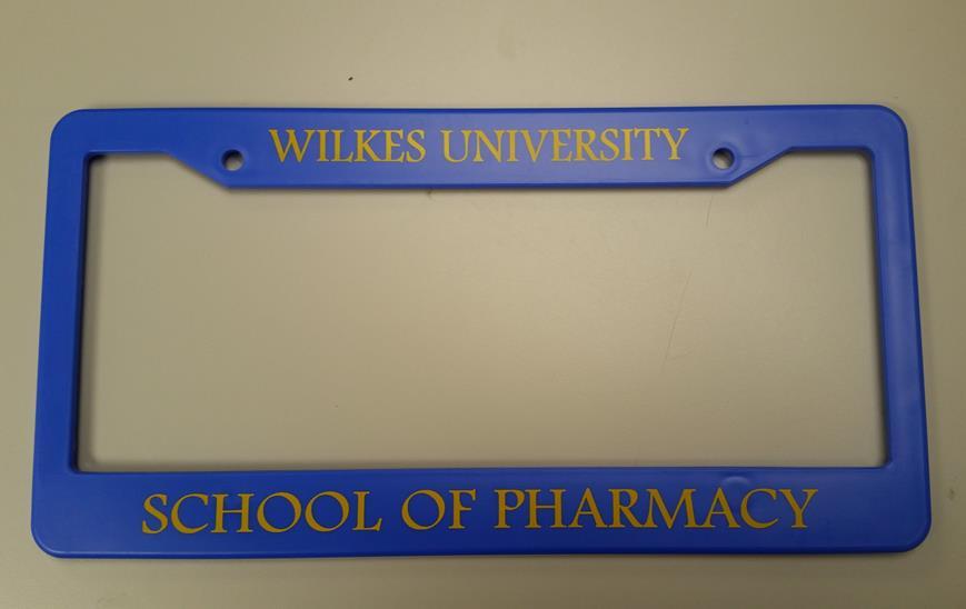 WILKES PHARMACY LICENSE PLATE FRAME Royal Blue with gold font Item