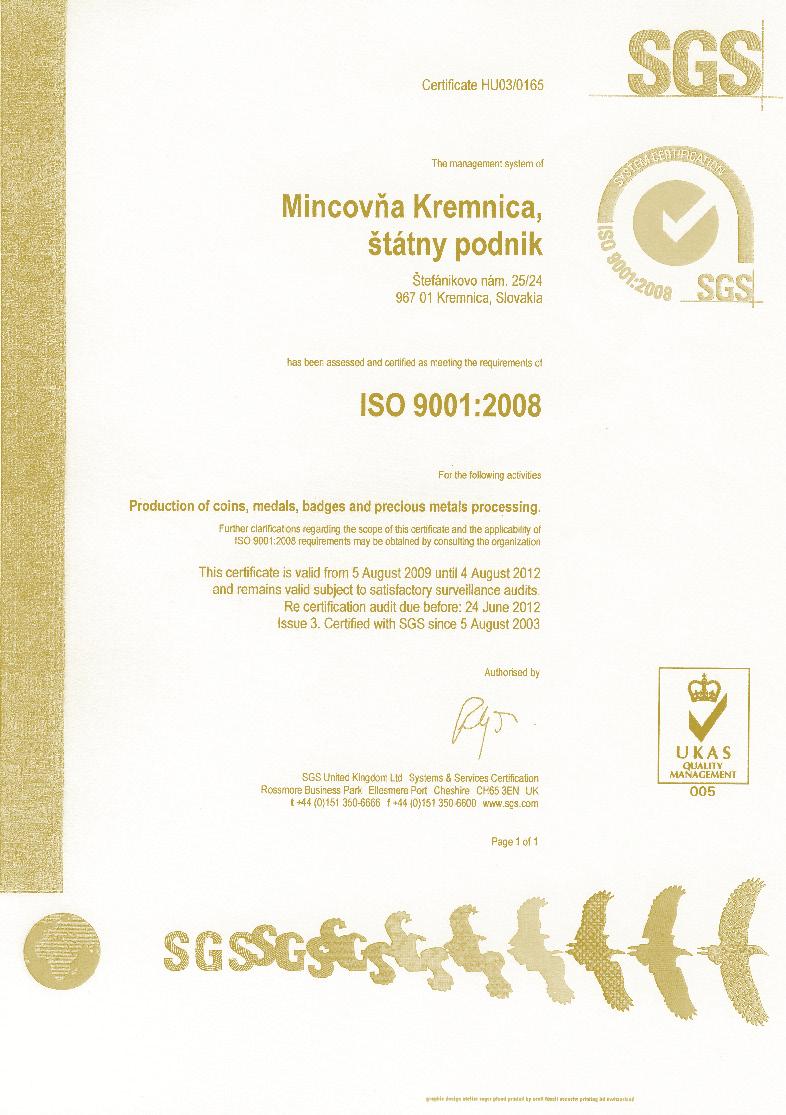 Certifikát kvality ISO 9001:2008: Quality Certificate