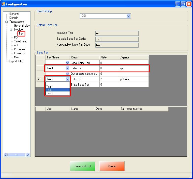 Account Setup In CRE/RPE and QuickBooks Invoice Sales - Tax Rates 1. In CRE/RPE after setting up the Invoice section you will want to select Tax on the left. 2. On the right select your store id (e.g. 1001) under Store Setting.