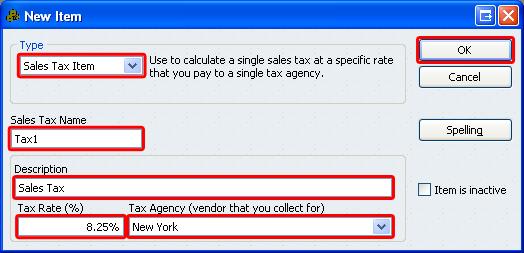 Select the Company Preferences tab. 4. Select the Add sales tax item button. 5. Select Sales Tax Item under Type. 6. Under Sales Tax Name enter the corresponding tax rate name in CRE/RPE (e.g. Tax1, Tax2).