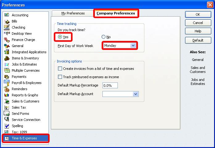 8. Select Time & Expenses. 9. Select the Company Preferences tab.