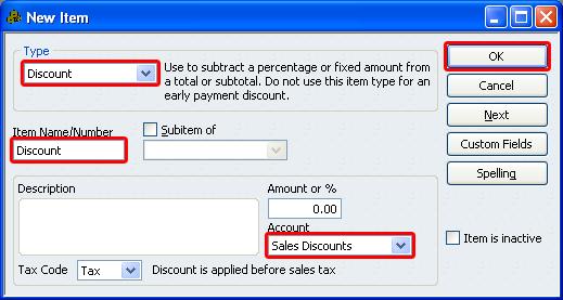 QuickBooks Integration Setup Discount Item In QuickBooks there must be an item that accounts for all of the discounts in CRE/RPE. 1. Select Lists then Item List. 2.