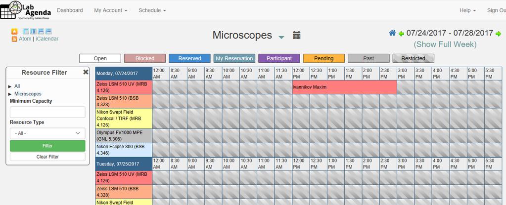 This will open the Microscopes calendar for the current week: Day of a week, in this case a Monday List of microscopes 30 min time slots, unavailable time slots are in