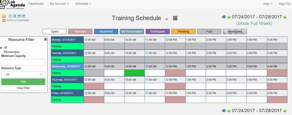 wish to receive training on. Write down the name of the microscope, day and time. d. Go to the Training Schedule calendar by selecting the arrow next to Microscopes at the top of the page: e.
