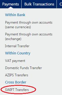 Click the OK button. The system displays the new AZIPS Transfers page. 13. Make SWIFT Transfers 13.
