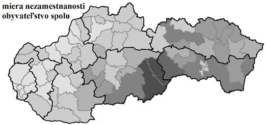 Obr. 2: Miera nezamestnanosti, rozdiel medzi mužskou a ženskou mierou nezamestnanosti a rodový rozdiel miezd v okresoch Slovenska v