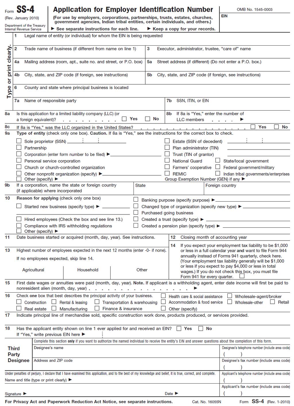 IRS FORM SS-4 As of