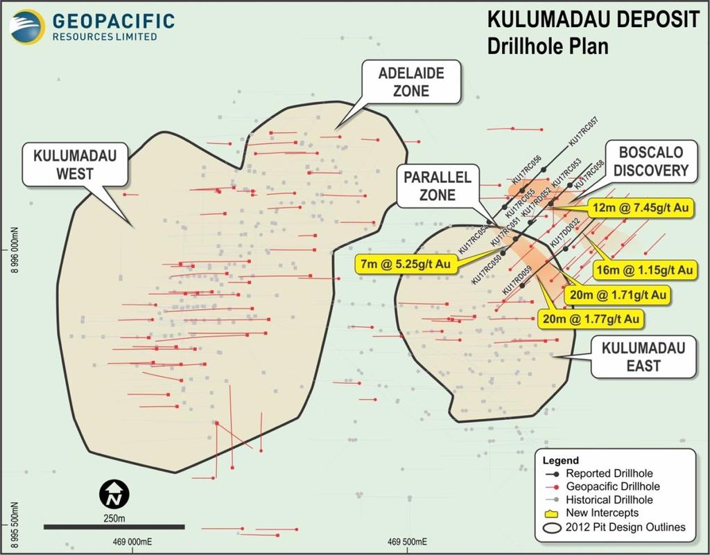 Figure 2: Drill hole location plan showing results at the Boscalo discovery, north of Kulumadau East.