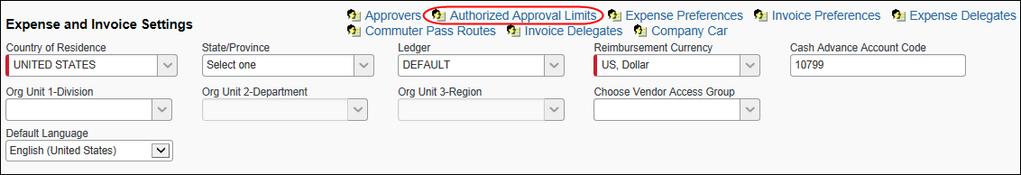 Section 11: Configuration To assign the proper rights: 1. In the Expense and Invoices Setting section of User Administration, click the Authorized Approval Limits link.