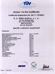 Medzinárodnú certifikáciu systému manažérstva kvality (QMS) podľa ISO 9001 získal v roku 1992 divízny závod Teplá valcovňa ako prvý závod v strednej a východnej Európe. Spoločnosť U. S. Steel Košice, s.