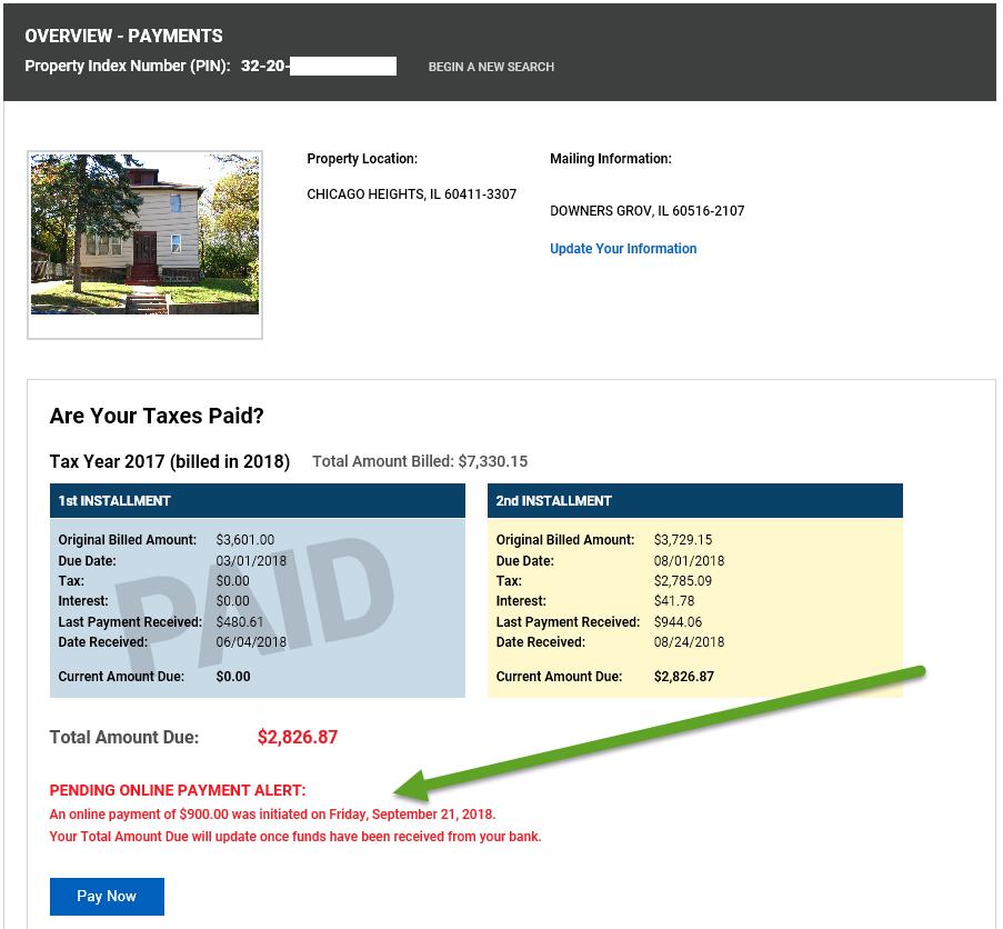 As soon as the payment process is completed, a Pending Online Payment Alert is displayed on the Property Tax