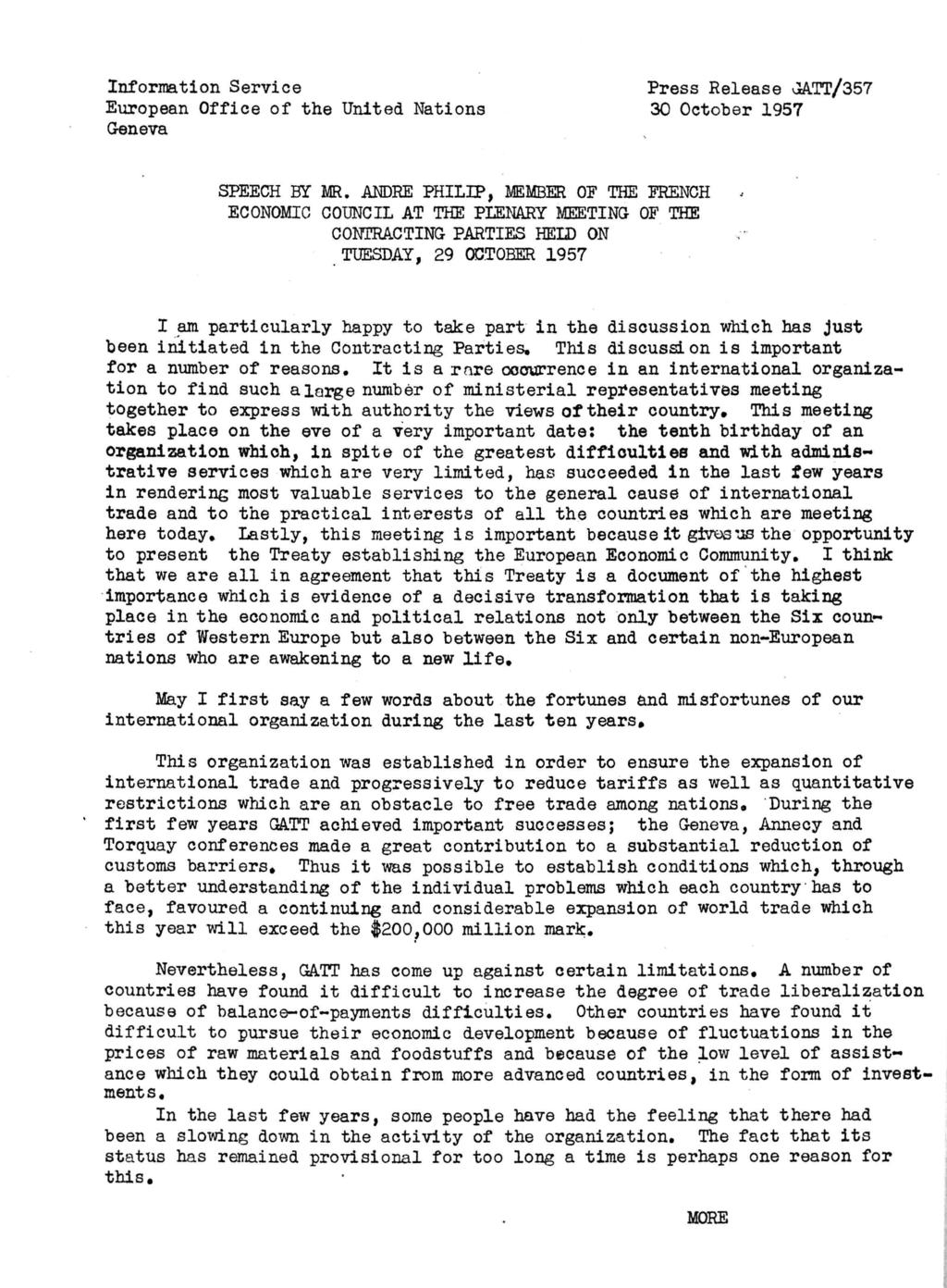 Information Service Press Release GATT/357 European Office of the United Nations 30 October 1957 Geneva SPEECH BY MR. ANDRE PHILIP, MEMBER OF THE FRENCH.