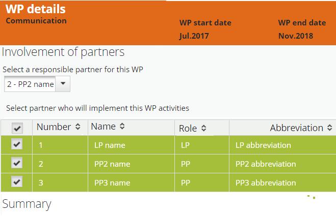 WP Communication Figure 82. Filling in the WP Communication: involvement of partners.