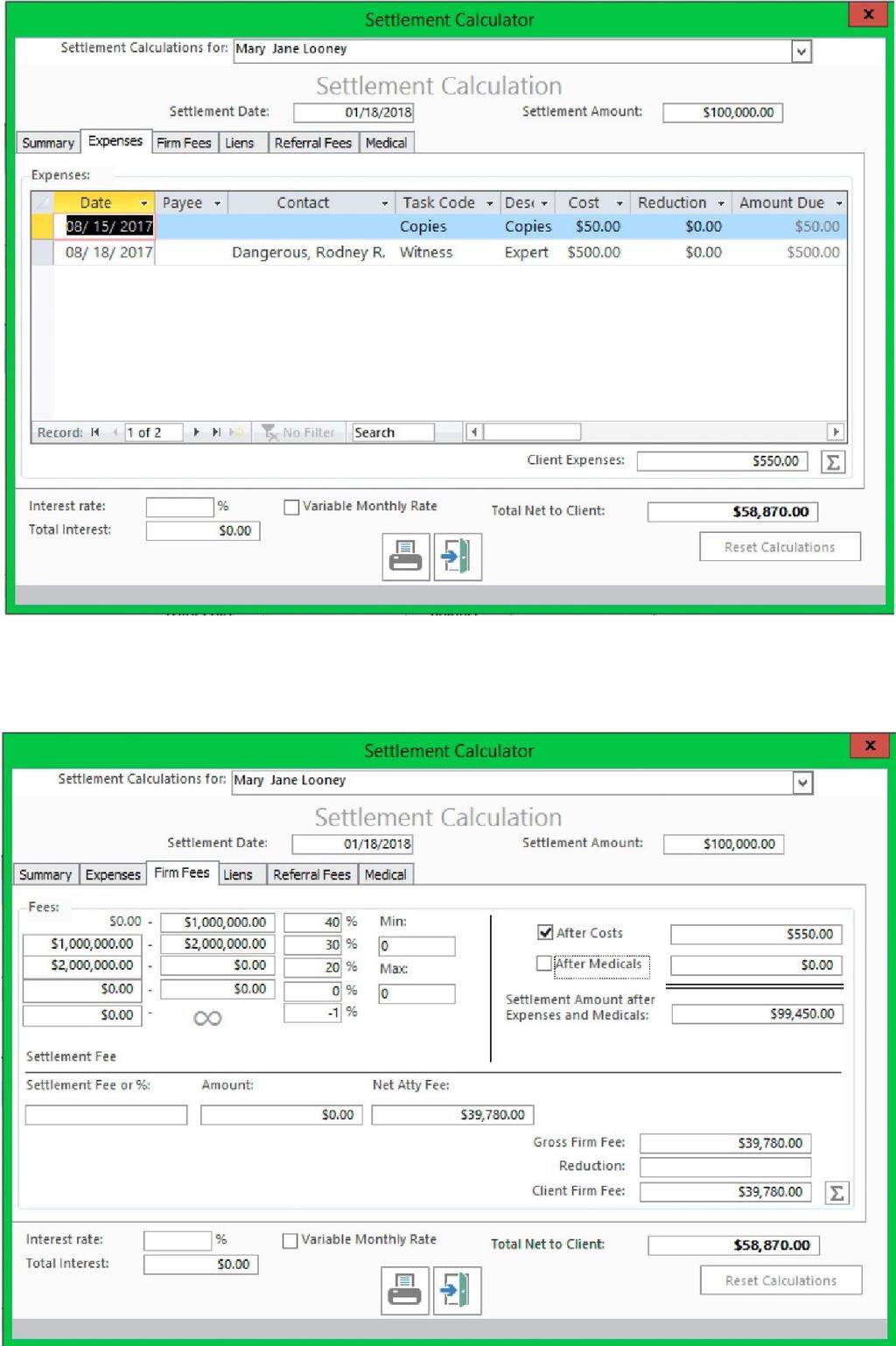 The Expenses Tab pulls information from the Costs Tab The Firm Fees Tab automatically calculates from the percentage enterws and/or
