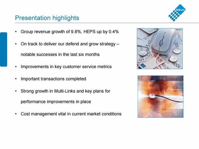 Presentation high lights Group revenue growt h of 9.8%, HE PS up by 0.