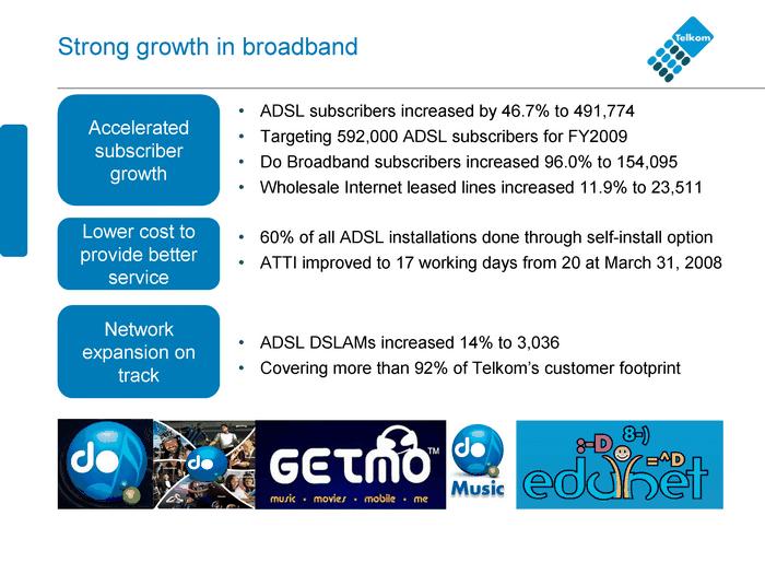 Stron g growth in broadband A DSL subscriber s in cr eased by 46. 7% to 49 1,774 T ar geting 592,000 ADSL su bscr ibers for FY2009 Do Br oadband su bscri bers increased 9 6.