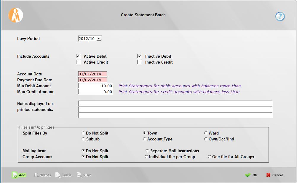10. Create the Statement Files (Consumer Debtors Statement Menu) 1) Create a batch (Consumer Debtors Statement Menu Create Statement Batch) Tick which accounts you want to include, the minimum amount
