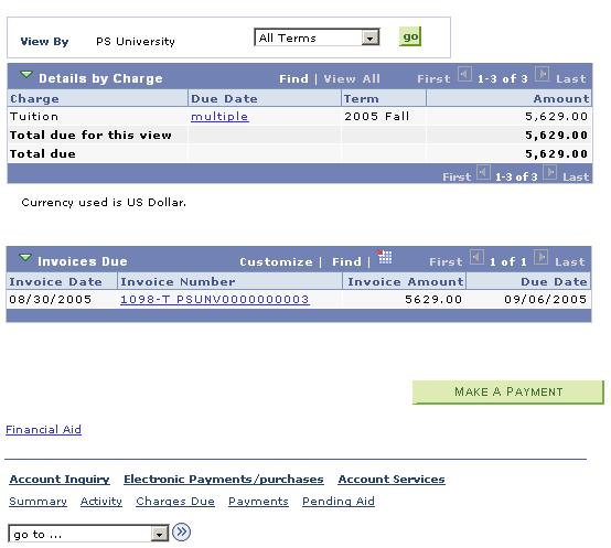 Chapter 1 Using Student Financials Self Service Account Inquiry - Charges Due page (2 of 2) This page shows three different views of the student s outstanding charges due: a summary of charges by due