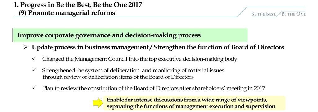 Improve corporate governance and decision-making process Changed the Management Council into the top executive decision-making body, in order to decide important matters through various opinion and