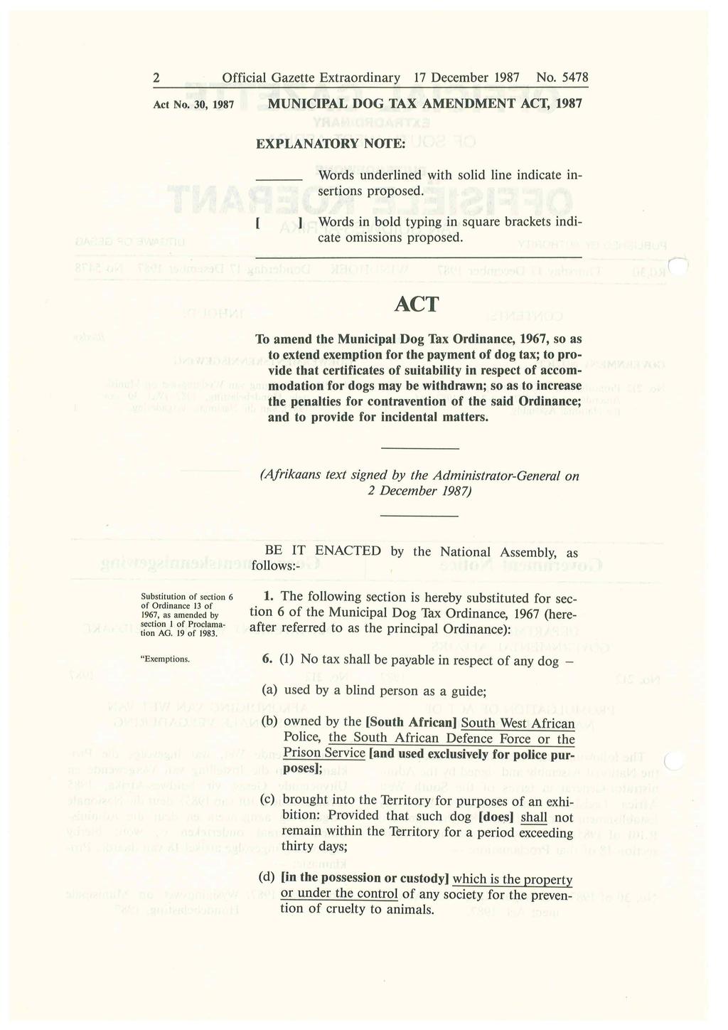 2 Official Gazette Extraordinary 17 December 1987 No. 5478 Act No. 30, 1987 MUNICIPAL DOG TAX AMENDMENT ACT, 1987 EXPLANATORY NOfE: Words underlined with solid line indicate insertions proposed.
