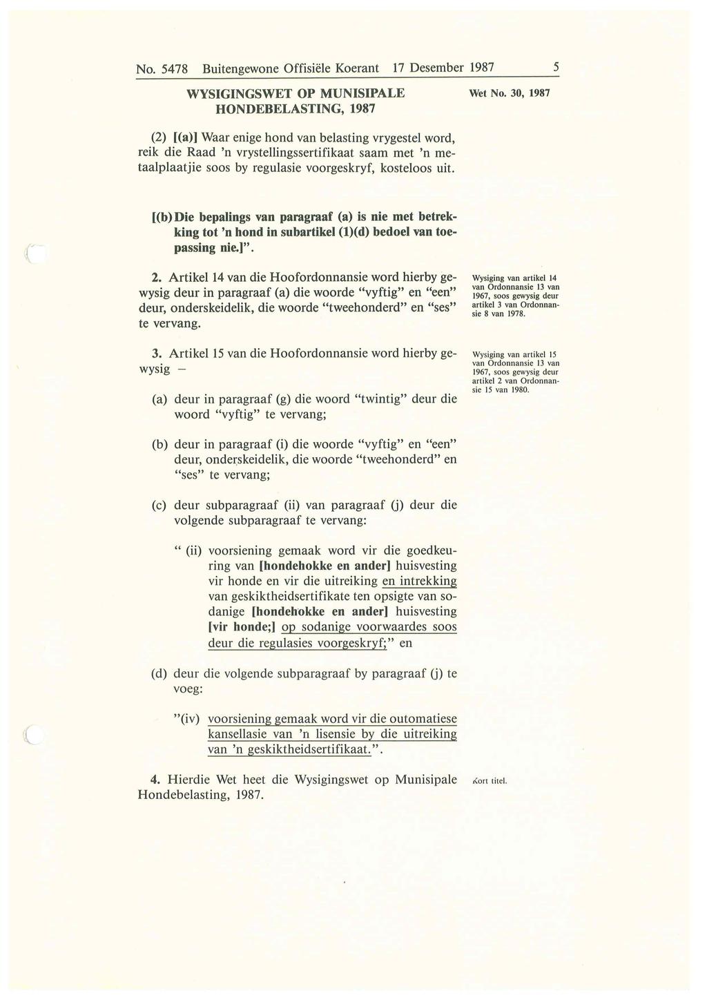 No. 5478 Buitengewone Offisiele Koerant 17 Desember 1987 5 WYSIGINGSWET OP MUNISIPALE HONDEBELASTING, 1987 Wet No.