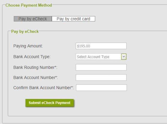 New Recurring echeck: Fill in the following information and click continue. The Paying Amount auto populates, you can change this amount if you would like to pay a different amount.