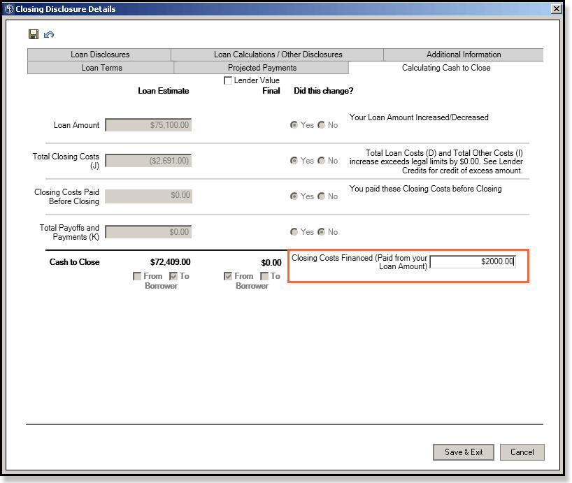 Disclosure Details window, if the file was sent from the lender via Closing