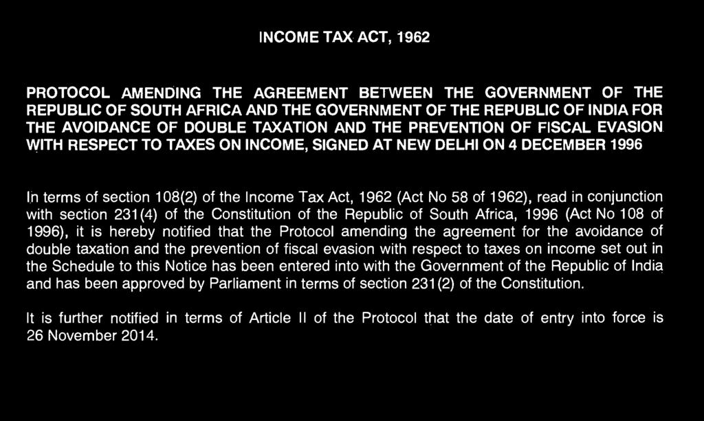 taxes on income, signed at New Delhi on 4 December 1996.