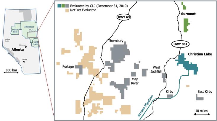 MEG s Oil Sands Leases* 100% of MEG s land position is situated in the southern Athabasca region of Alberta Christina Lake Lease Holdings 51,200 acres 2P Reserves 1,919 MMbbls Contingent Resources