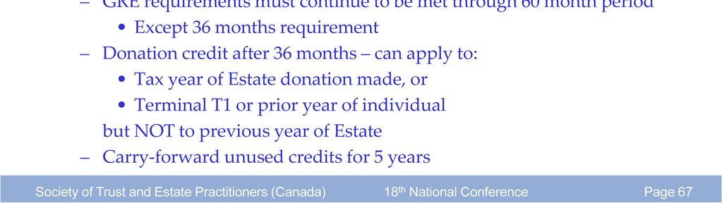 118.1(c)(i)(C) extend the flexibility for donations made up to 60 months by a GRE for this purpose the 36 month requirement for a GRE is disregarded, however, all other GRE must continue to be