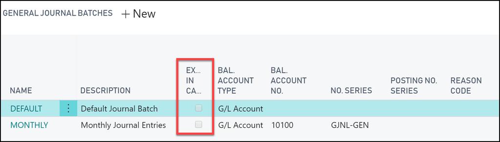General Journal Batches On the General Journal Batch setup, the column Exclude In Cash column is unchecked by default to ensure that the default is for GL journals to post the accrual and also be