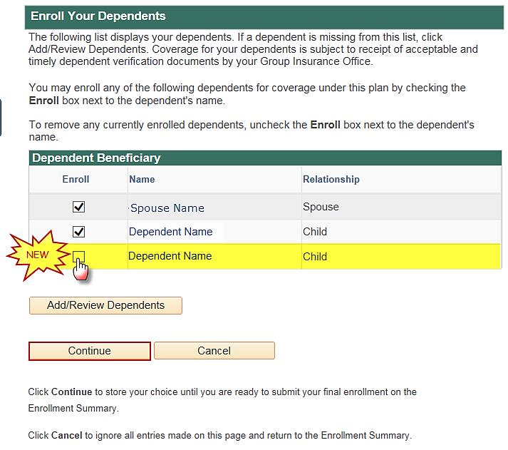 Dependent/Beneficiary page. 7. Click on the Return to Event Selection link. 8.
