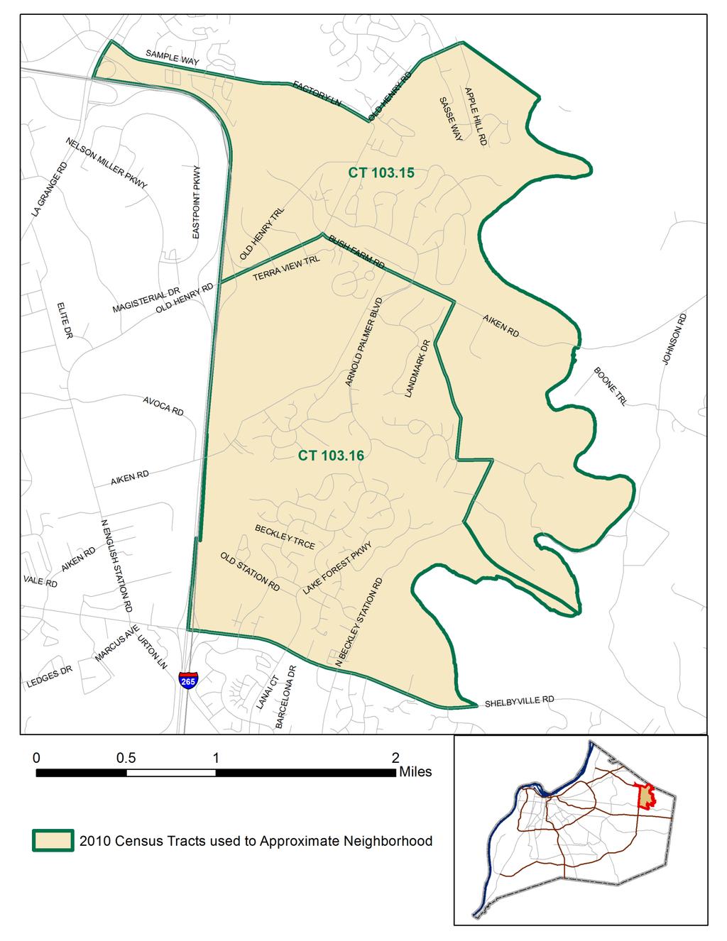 in the 2000 Census have been defined by groups of census tracts, and named after a prominent road or feature in the area.