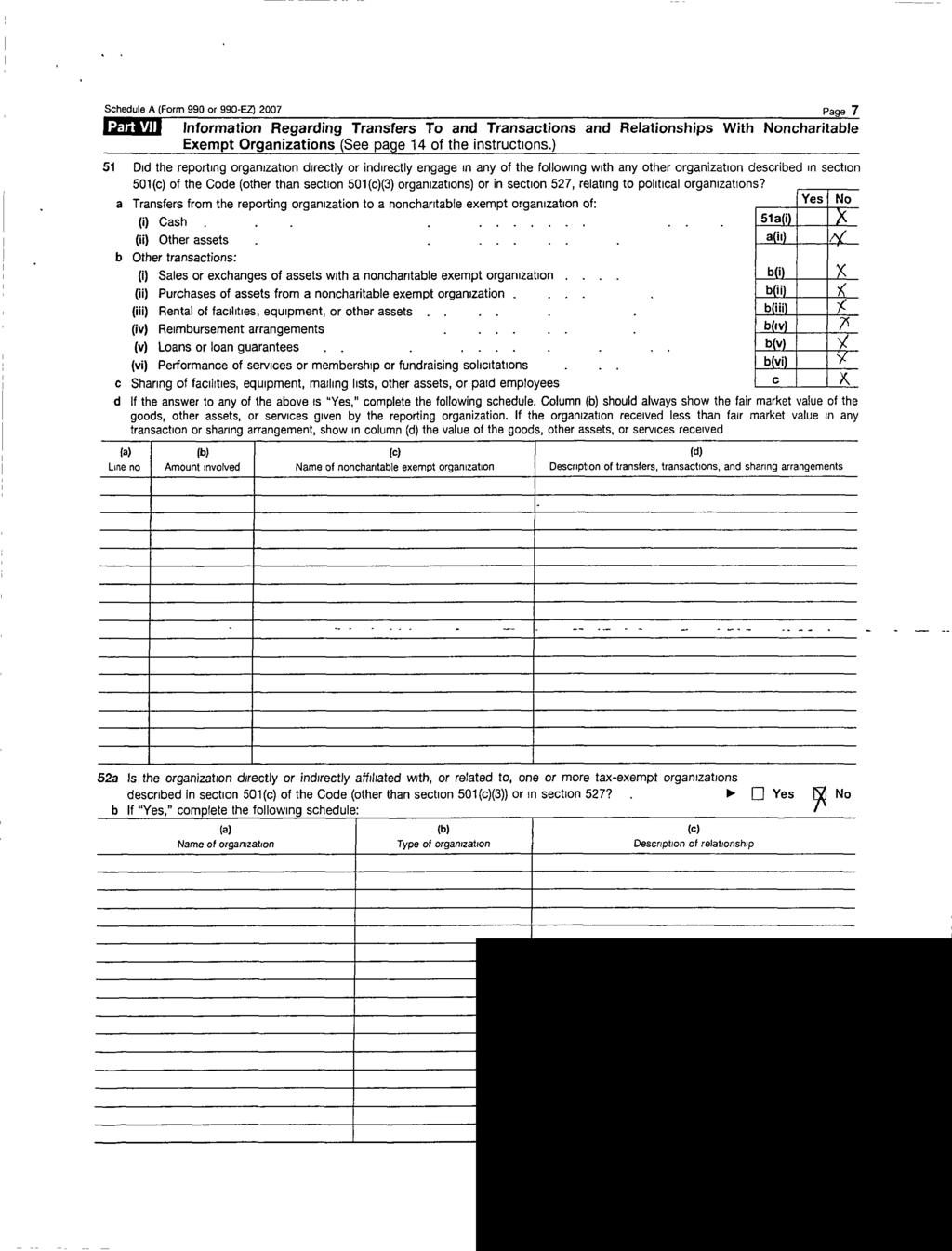 Schedule A (Form 990 or 990-E4 2007 Page 7 11 Information Regarding Transfers To and Transactions and Relationships With Noncharitable Exempt Organizations (See page 14 of the instructions.
