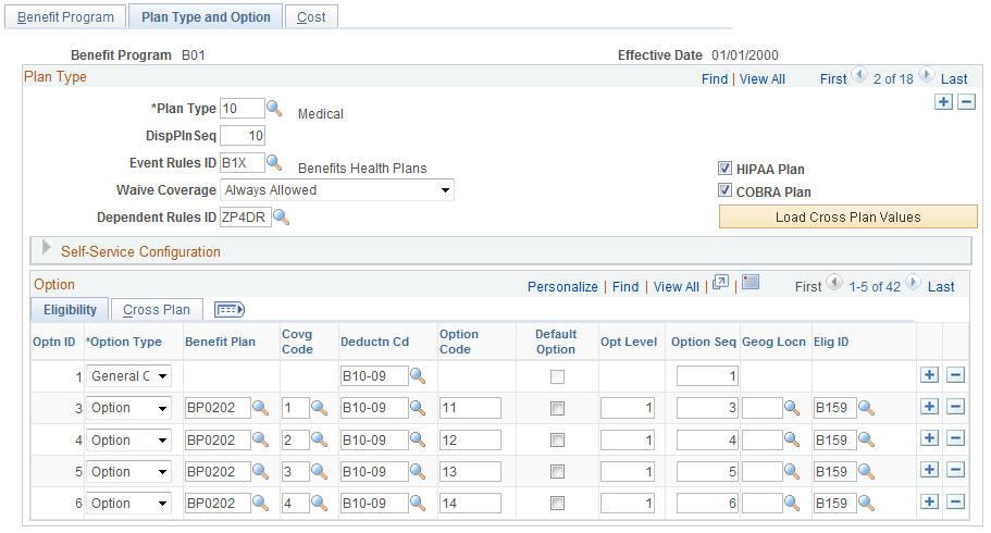 Chapter 5 Building Base Benefit Programs Image: Benefit Program Table - Plan Type and Option page: Eligibility tab This example illustrates the fields and controls on the Benefit Program Table - Plan