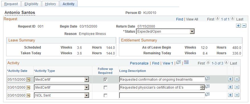 Chapter 12 Managing FMLA Plans Tracking FMLA Activity You can record significant events that affect FMLA leaves, such as employee inquiries, requests for extensions, and the sending and receiving of