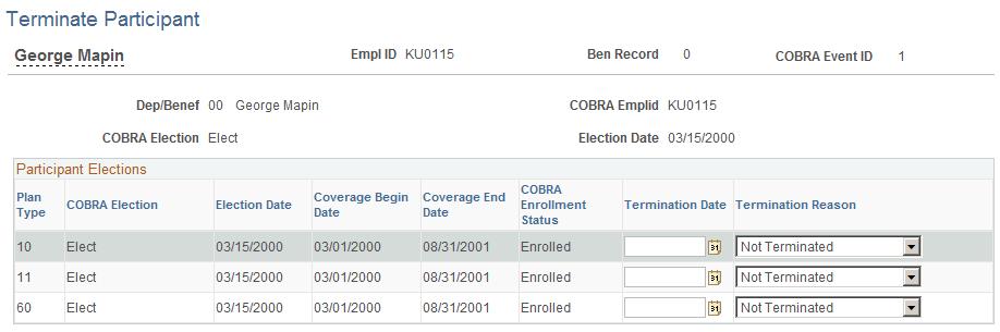 Managing COBRA Chapter 16 Terminate Participant Page Use the Terminate Participant page (COBRA_PARTIC_TERM) to terminate COBRA coverage manually if bills are unpaid or on participant's request.