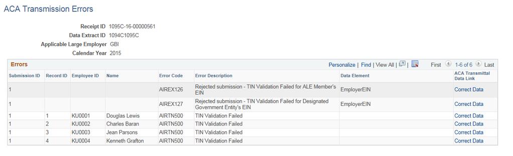 Chapter 22 Managing U.S. Affordable Care Act Regulations Image: ACA Transmission Errors page This example illustrates the fields and controls on the ACA Transmission Errors page.