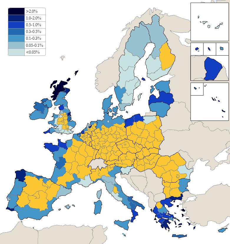 Fisheries dependent areas in Europe Total fisheries sector income dependence by NUTS-2 region Regional dependence